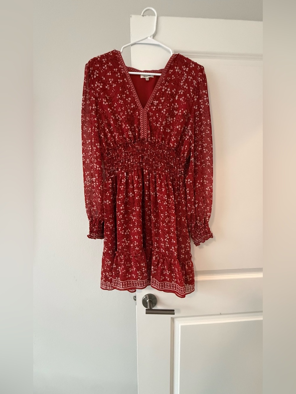 Max Studio Crimson Floral V-Neck Smocked Midi Dress